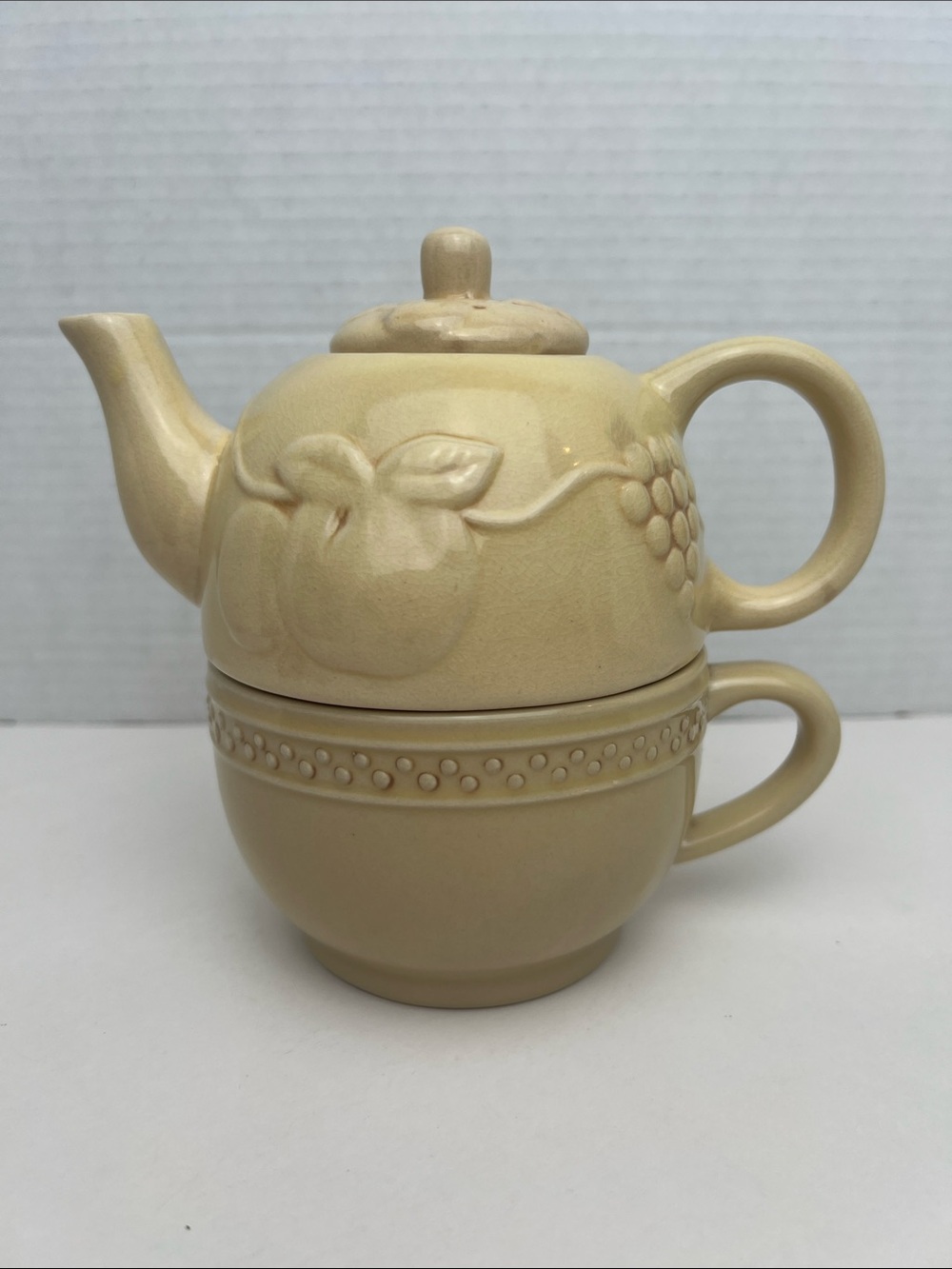 Vintage Ceramic Tea For One Stacking Set Embossed Fruit Farmhouse Cream Yellow